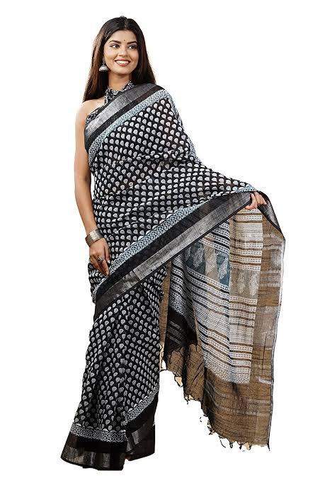 Bagru linen print saree