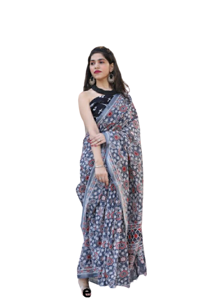 Khadi linen block print saree SILK ZONE
