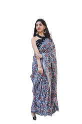 Khadi linen block print saree SILK ZONE