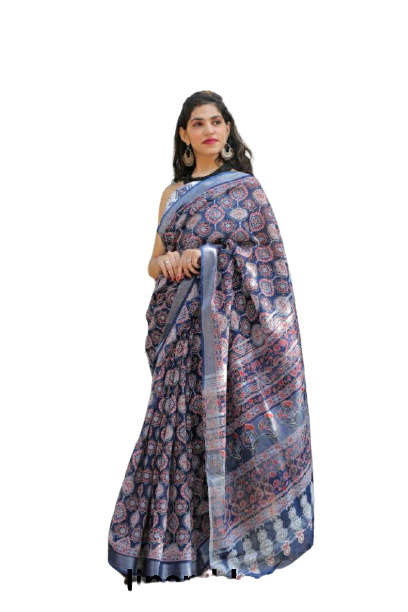 Khadi linen block print saree SILK ZONE