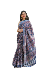 Khadi linen block print saree SILK ZONE