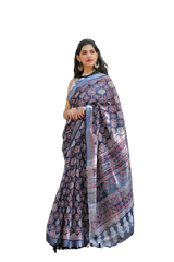 Khadi linen block print saree SILK ZONE