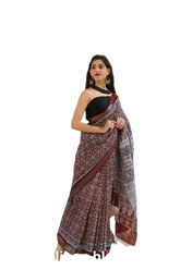 Khadi linen block print saree SILK ZONE