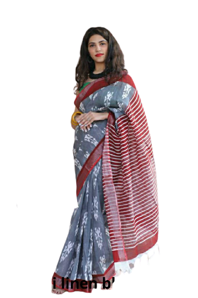 Khadi linen block print saree SILK ZONE
