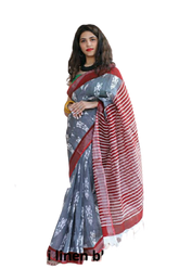Khadi linen block print saree SILK ZONE