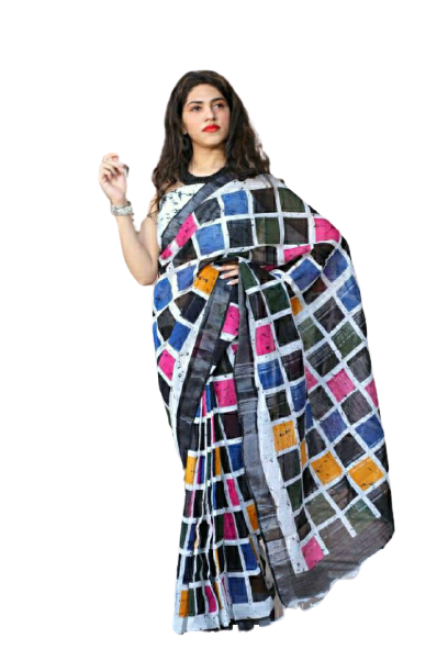Khadi linen block print saree SILK ZONE