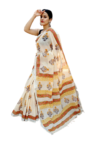 Khadi linen block print saree SILK ZONE