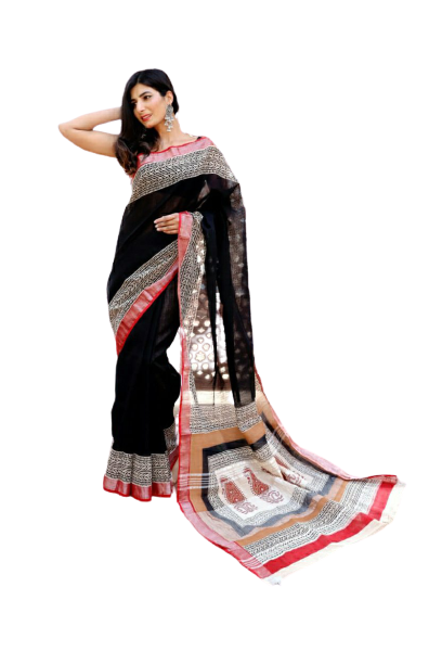 Khadi linen block print saree SILK ZONE