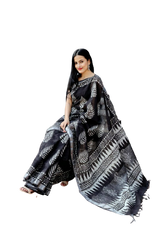 Khadi linen block print saree SILK ZONE