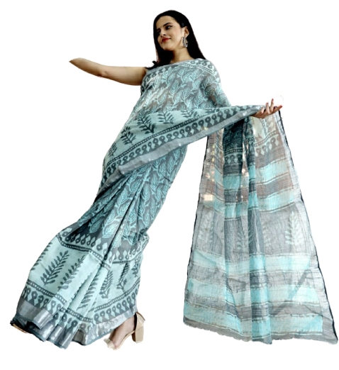 Khadi linen block print saree SILK ZONE