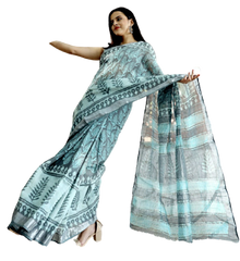 Khadi linen block print saree SILK ZONE