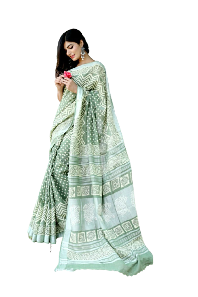 Khadi linen block print saree SILK ZONE