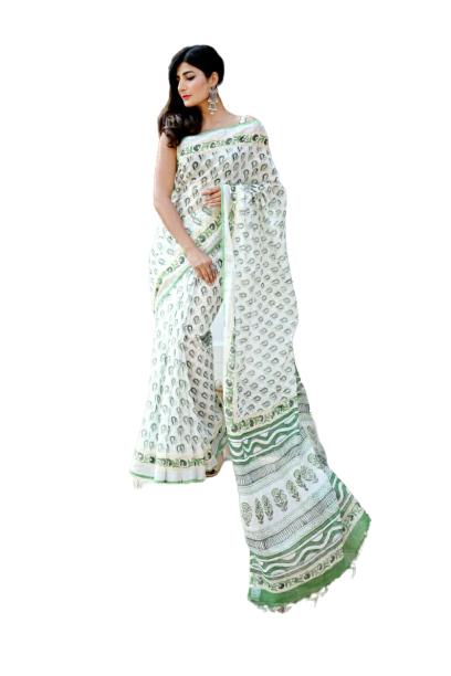 Khadi linen block print saree SILK ZONE