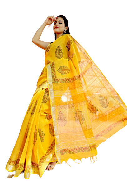Khadi linen block print saree SILK ZONE