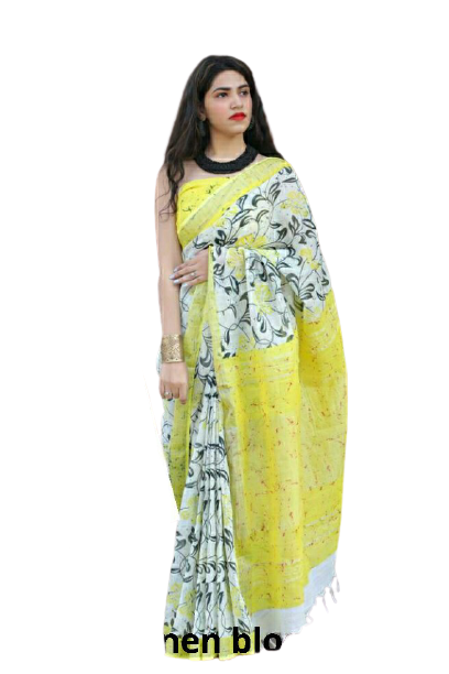 Khadi linen block print saree SILK ZONE