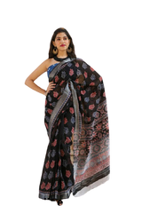 Khadi linen block print saree SILK ZONE