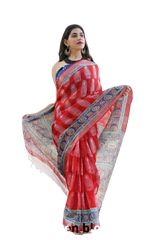 Khadi linen block print saree SILK ZONE