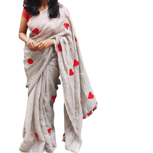 Linen embroidery heart design saree SILK ZONE