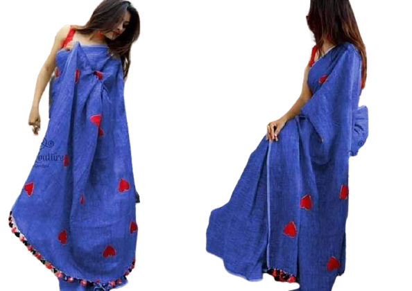 Linen embroidery heart design saree SILK ZONE