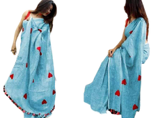 Linen embroidery heart design saree SILK ZONE