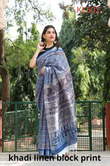 Khadi linen block print saree SILK ZONE