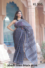 Khadi linen block print saree SILK ZONE
