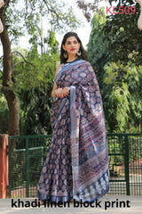 Khadi linen block print saree SILK ZONE
