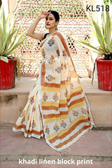 Khadi linen block print saree SILK ZONE