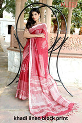 Khadi linen block print saree SILK ZONE