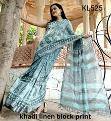 Khadi linen block print saree SILK ZONE