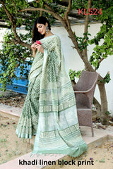 Khadi linen block print saree SILK ZONE