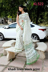 Khadi linen block print saree SILK ZONE