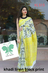Khadi linen block print saree SILK ZONE