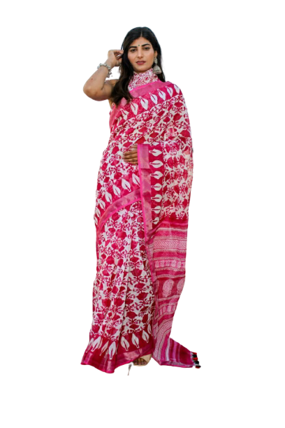 Khadi linen block print saree SILK ZONE