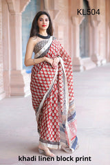 Khadi linen block print saree SILK ZONE