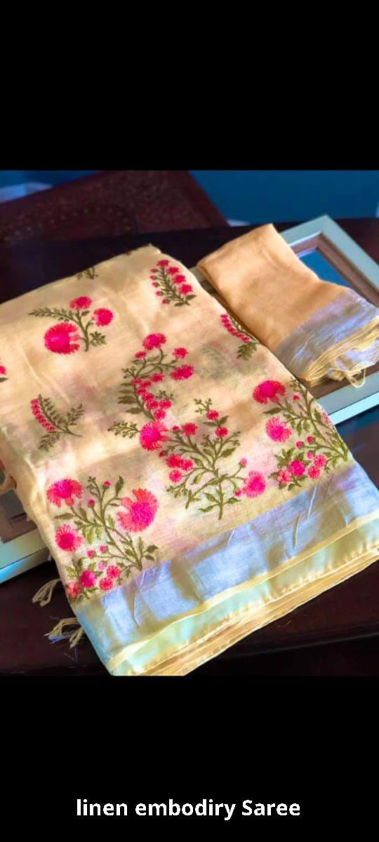Pure linen embroidery saree SILK ZONE