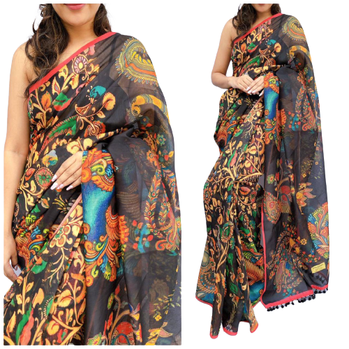 Soft heavy linen whit kalamkari print saree Dipen
