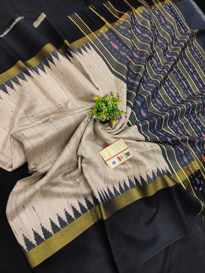 Pure Ghicha Silk Temple Border Ikkat Pallu Saree SILK ZONE