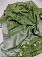 Pure silk linen embroidery saree SILK ZONE