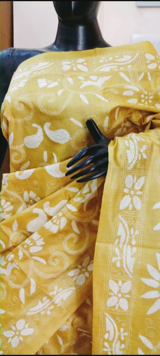 Tussar silk katha steech embroidery saree