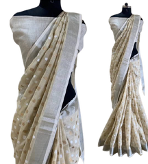 Linen Saree With Hand Embroidery Butta SILK ZONE