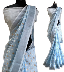 Linen Saree With Hand Embroidery Butta SILK ZONE