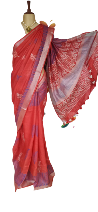 Linen Hand Block Printed Saree SILK ZONE