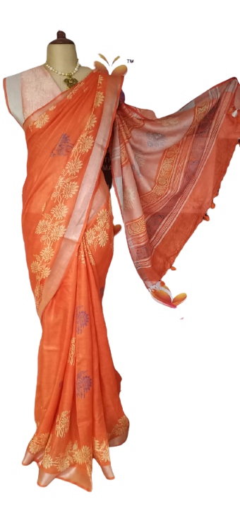 Linen Hand Block Printed Saree SILK ZONE