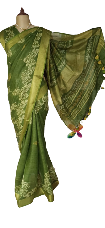 Linen Hand Block Printed Saree SILK ZONE