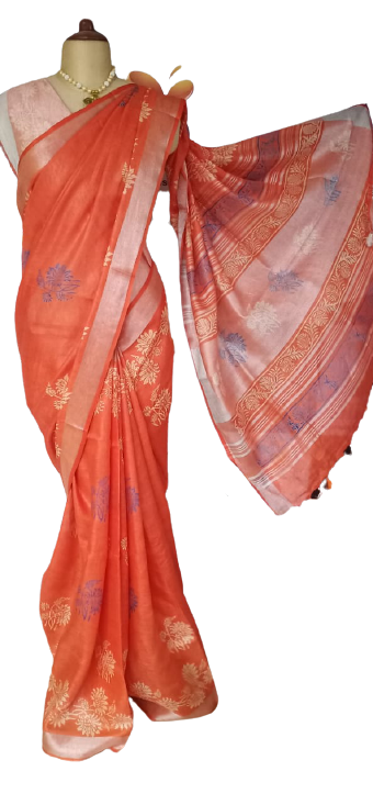 Linen Hand Block Printed Saree SILK ZONE