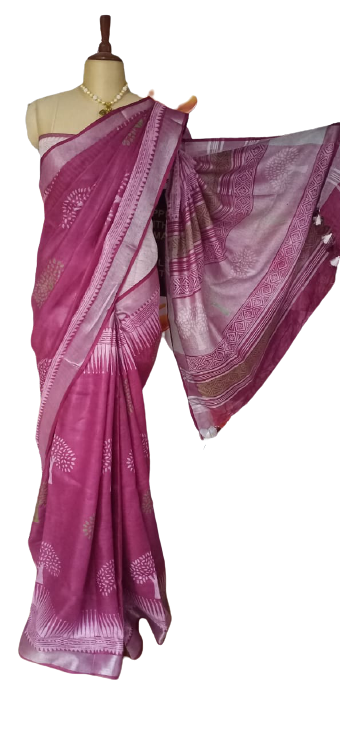 Linen Hand Block Printed Saree SILK ZONE