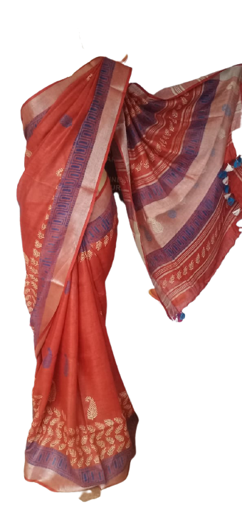 Linen Hand Block Printed Saree SILK ZONE