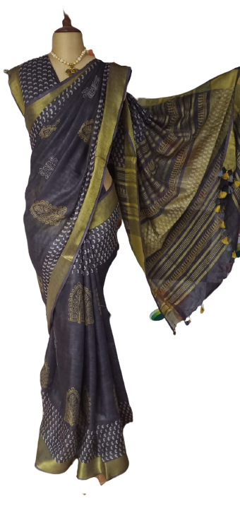 Linen Hand Block Printed Saree SILK ZONE