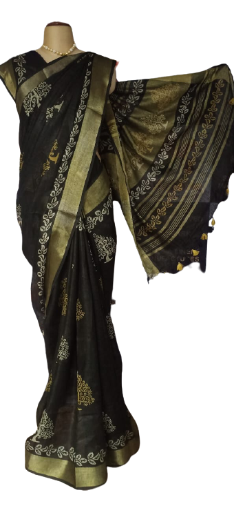 Linen Hand Block Printed Saree SILK ZONE